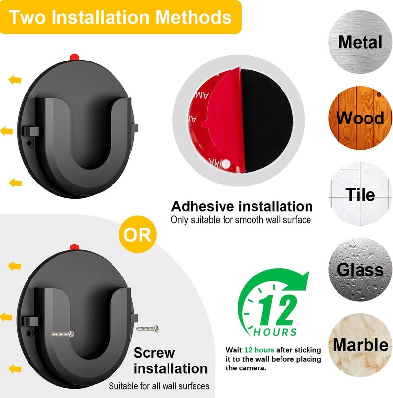 iTODOS 2 Pack Indoor Cam Adhesive Wall Mount Bracket for Ring,Strong VHB Stick On,No Drilling Camera Mount for Ring,Two Ways Installation with Tape and Screws-Black - Image 2